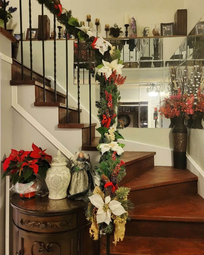 Traditional Poinsettia Garland on Staircase