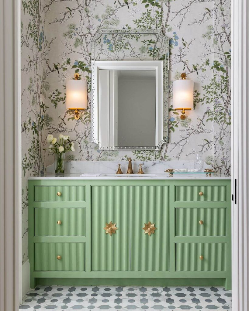 Vibrant Green Vanity with Botanical Wallpaper