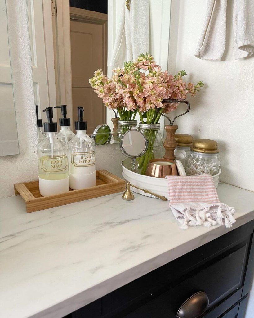 Vintage-Inspired Bathroom Counter with Floral Accents