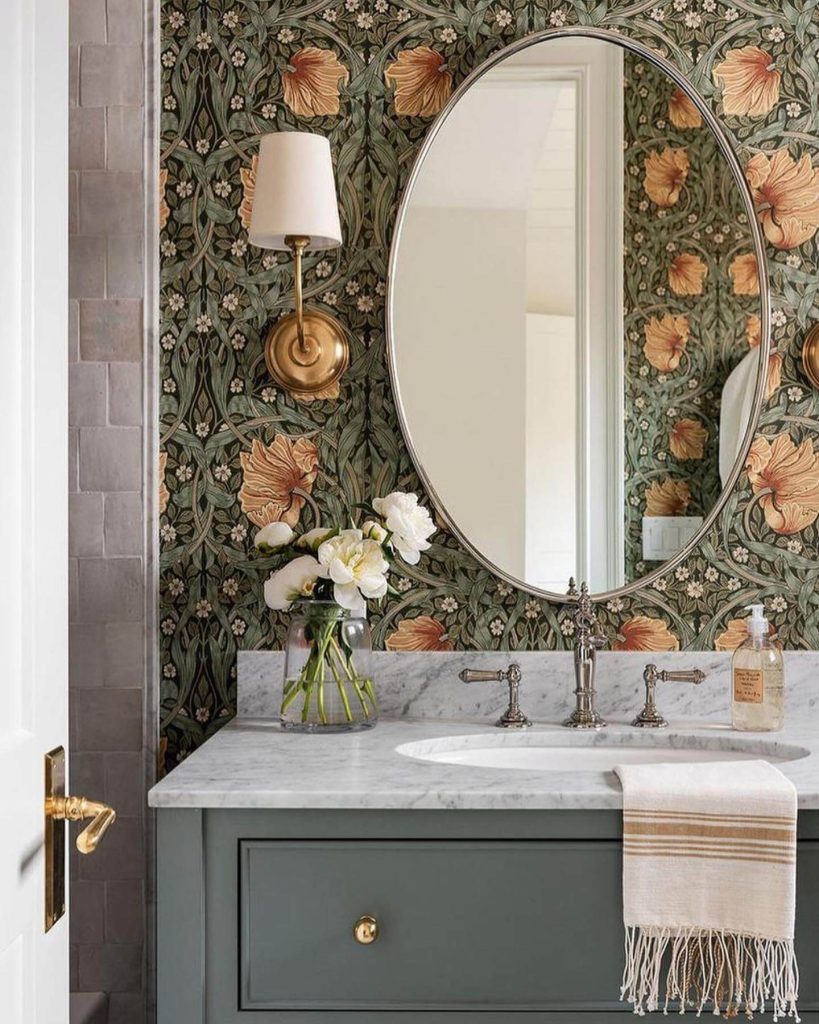 Vintage-Inspired Vanity with Floral Wallpaper