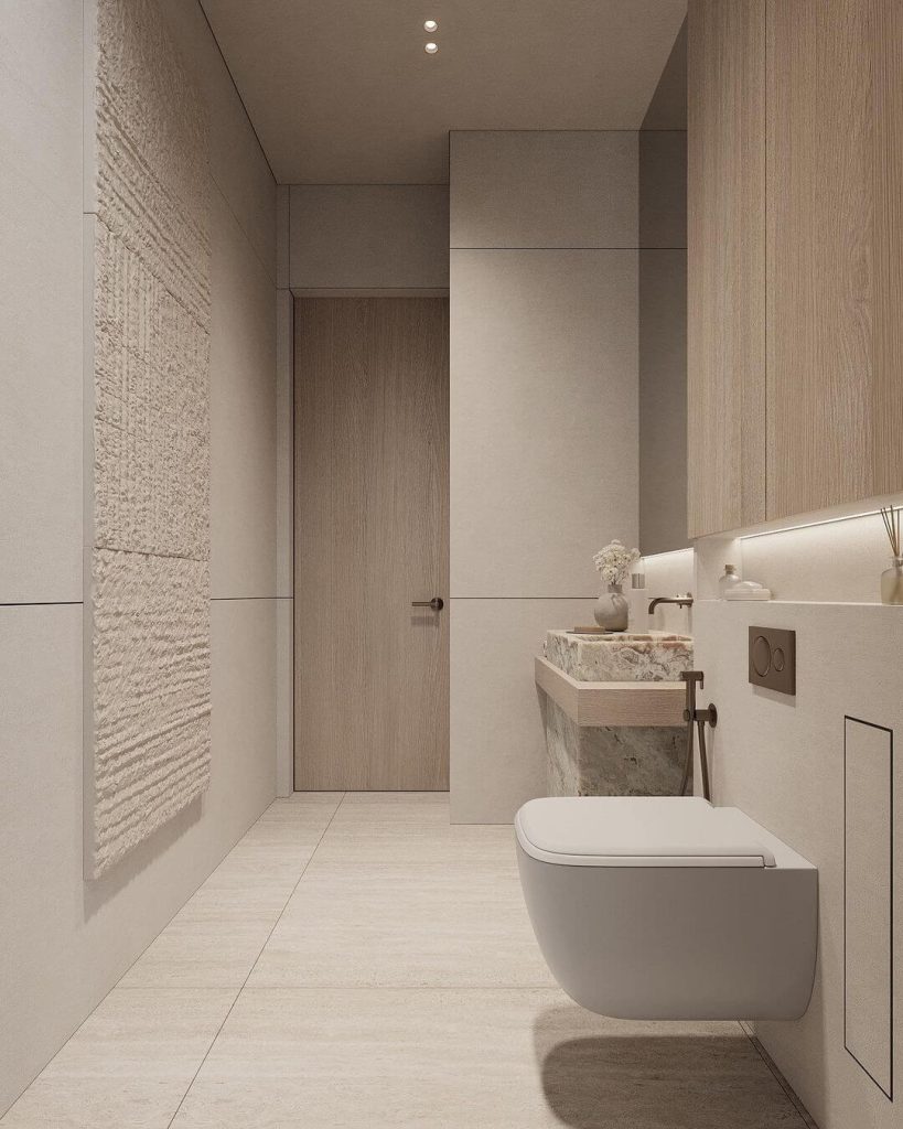 Warm Beige Guest Bathroom with Floating Toilet