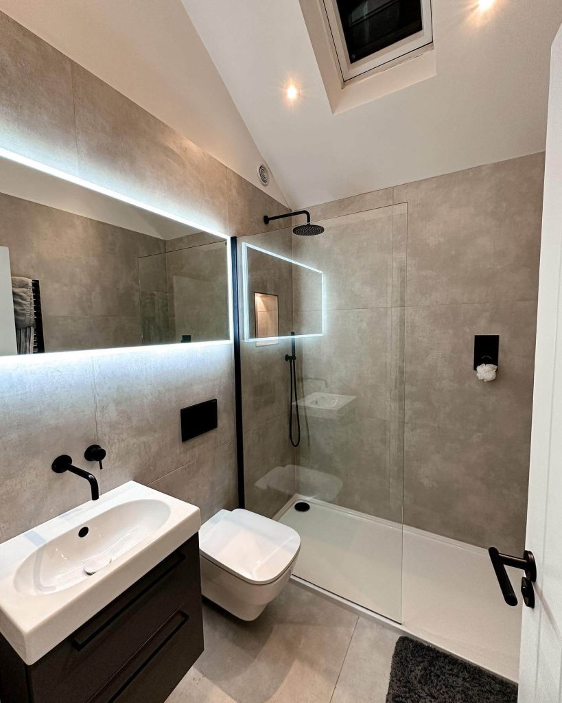 Warm Grey Bathroom with Rustic Lighting