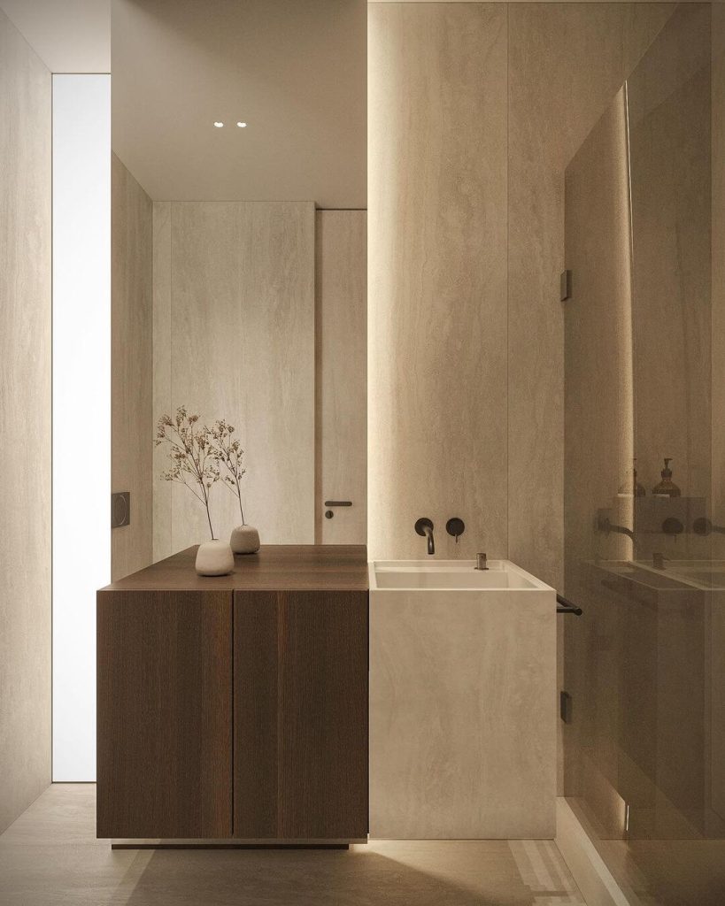 Warm Minimalist Bathroom with Wooden Vanity