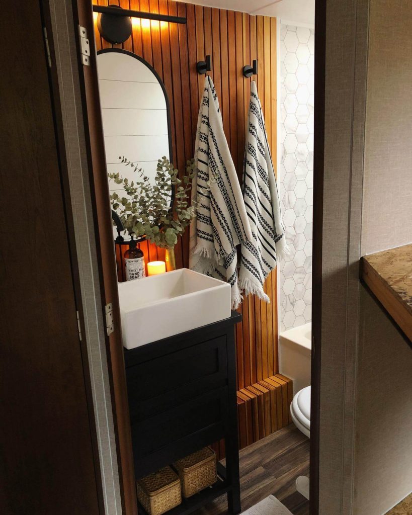 Wood Paneled Accent with Minimalist Vanity