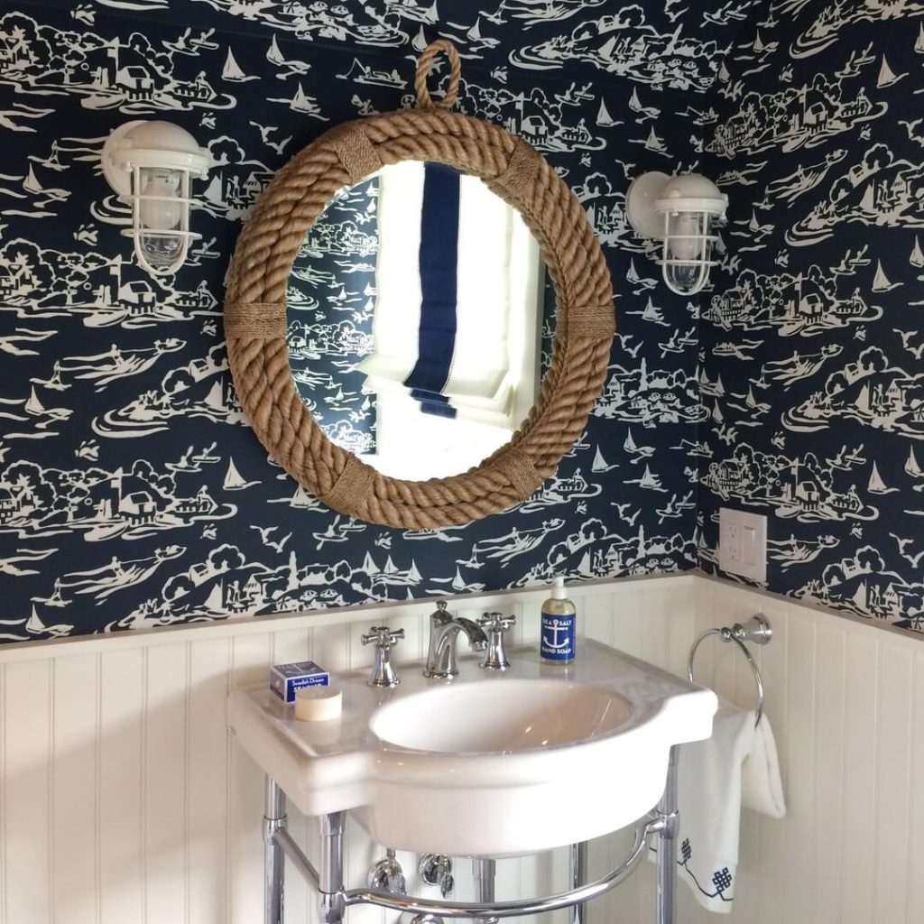 11. Rope Mirror & Nautical Wallpaper for Instant Coastal Vibes