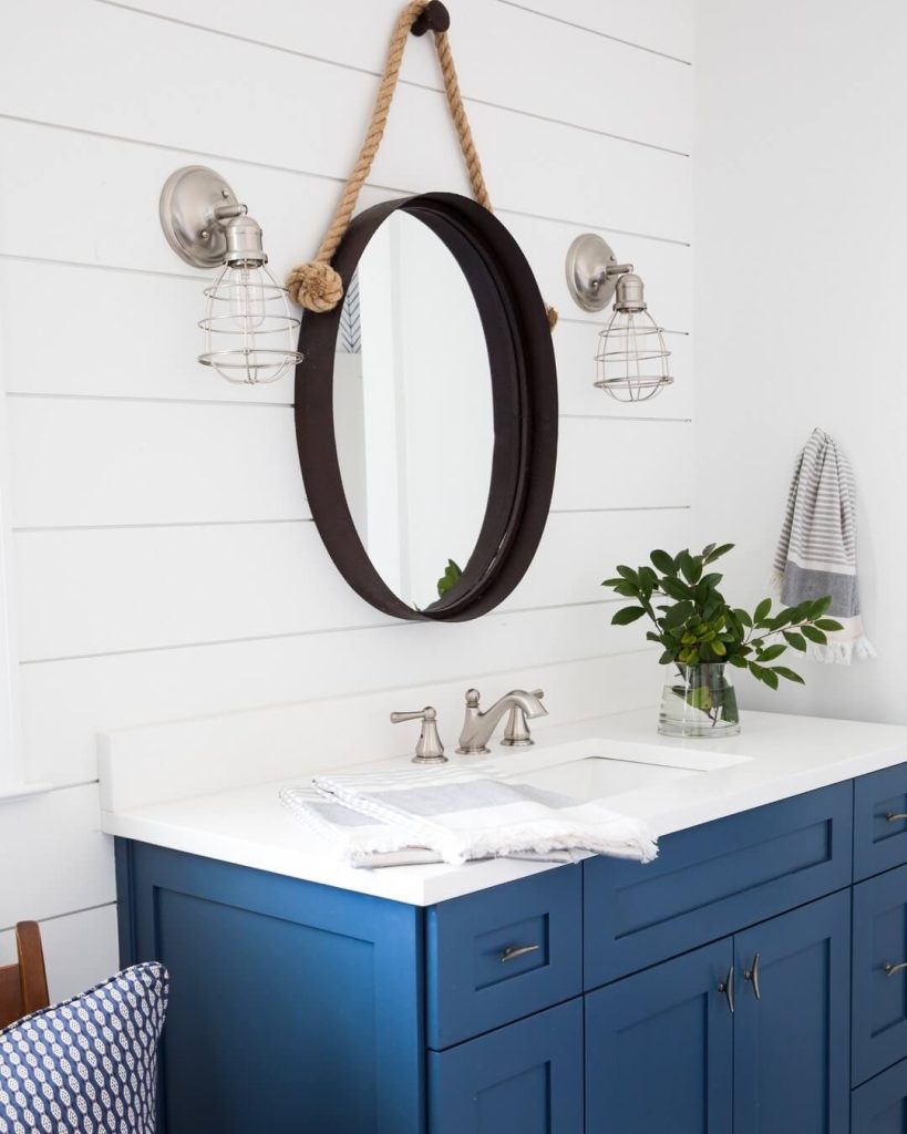 17. Blue Vanity & Rope Mirror for Clean Coastal Simplicity