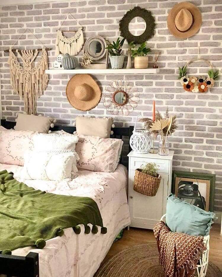 Brick Accent Wall in Boho Bedroom Design