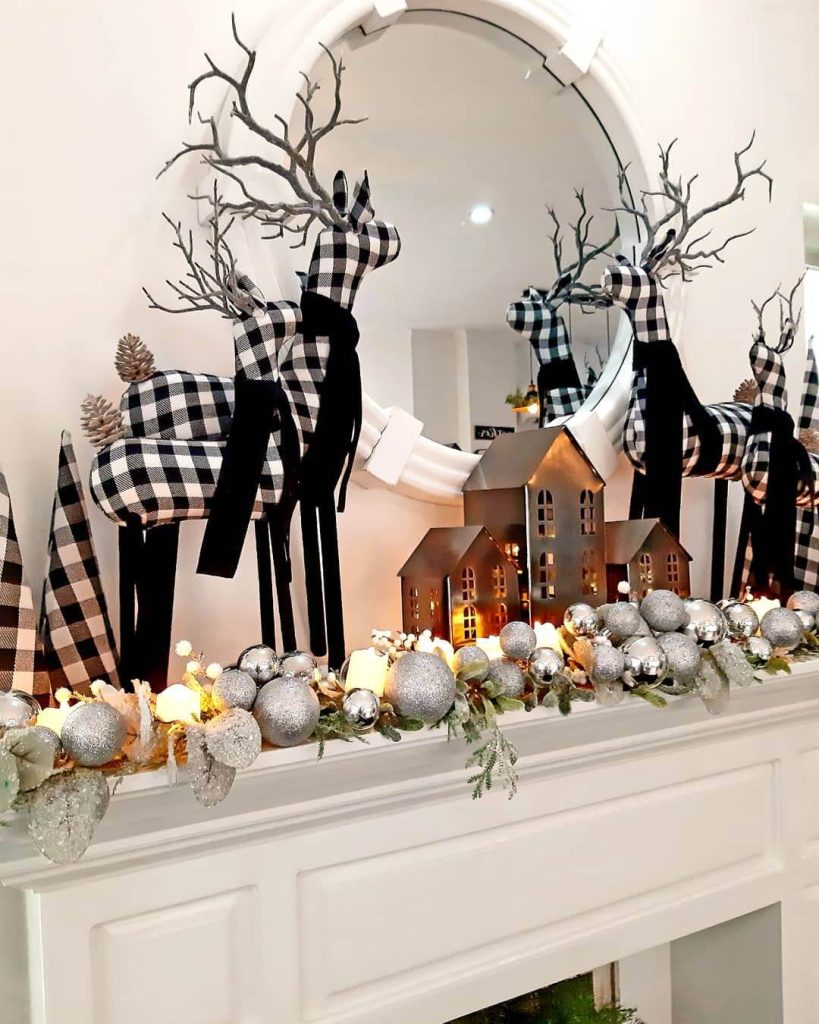 Buffalo Check Mantel Display with Reindeer Accents