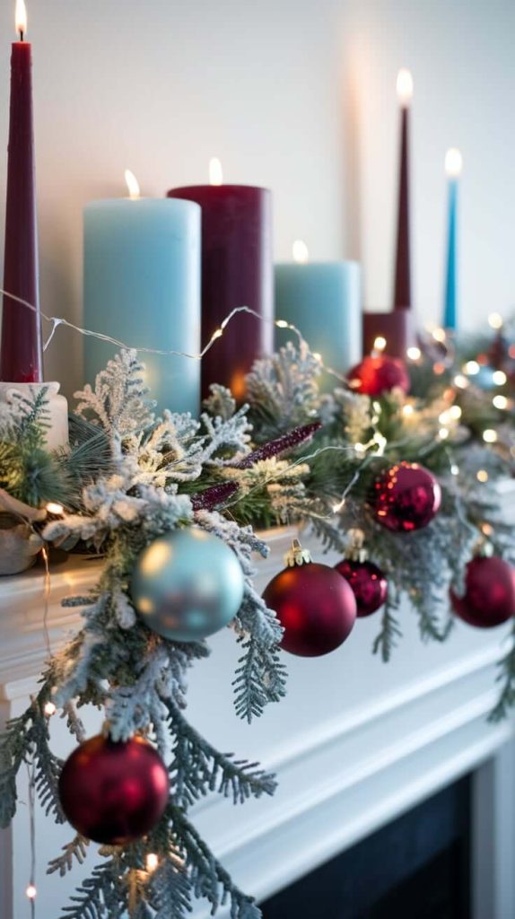 Burgundy and Baby Blue Christmas Mantle Decor