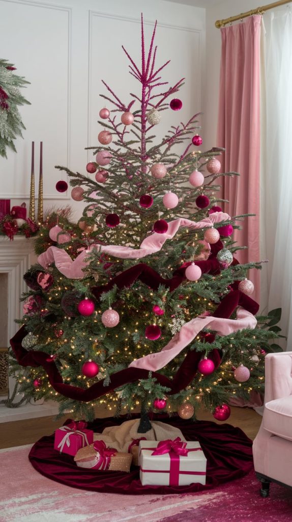 Charming Pink and Burgundy Christmas Tree Decor