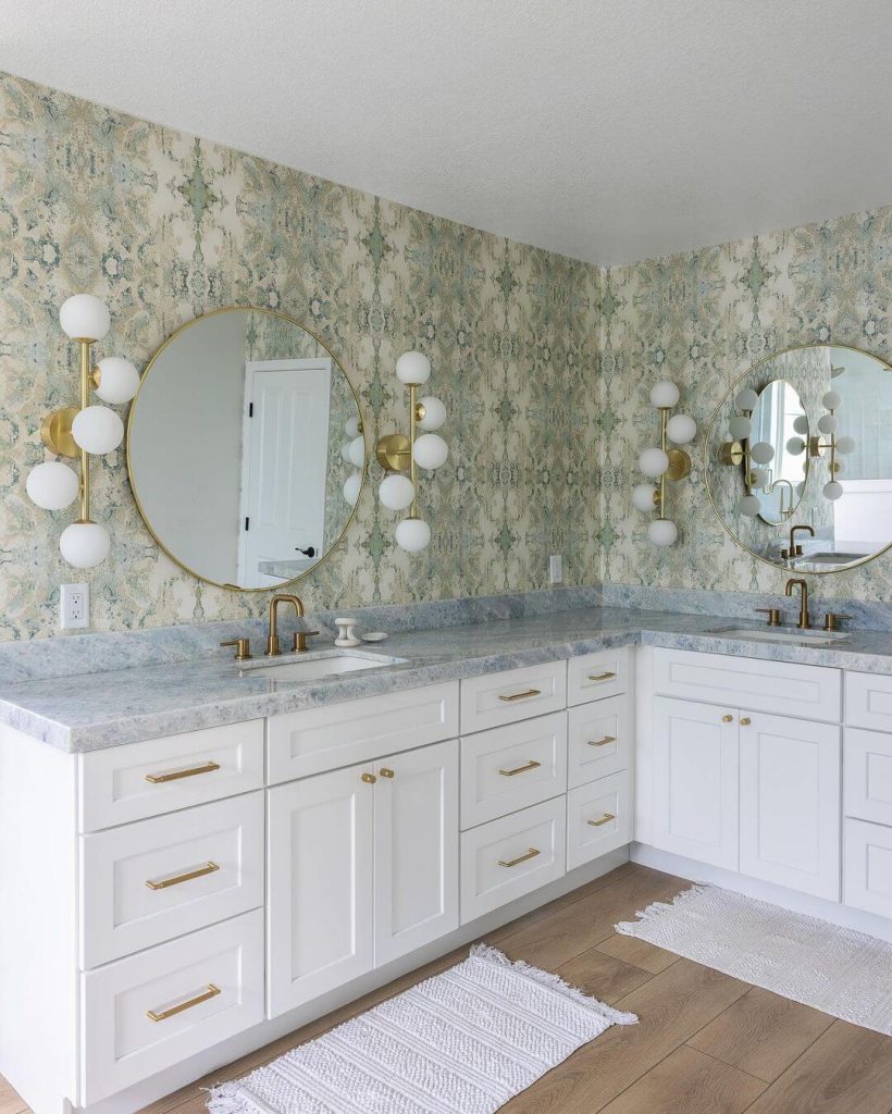 Chic White Vanity with Statement Wallpaper