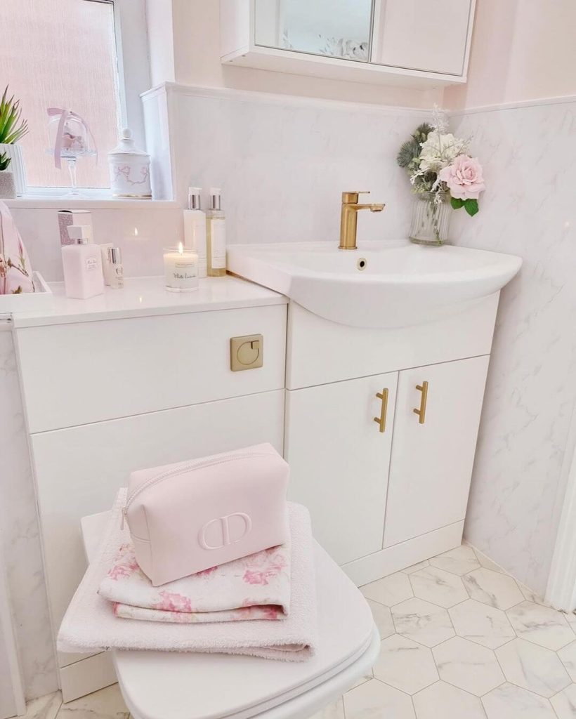 Chic and Feminine White and Pink Bathroom