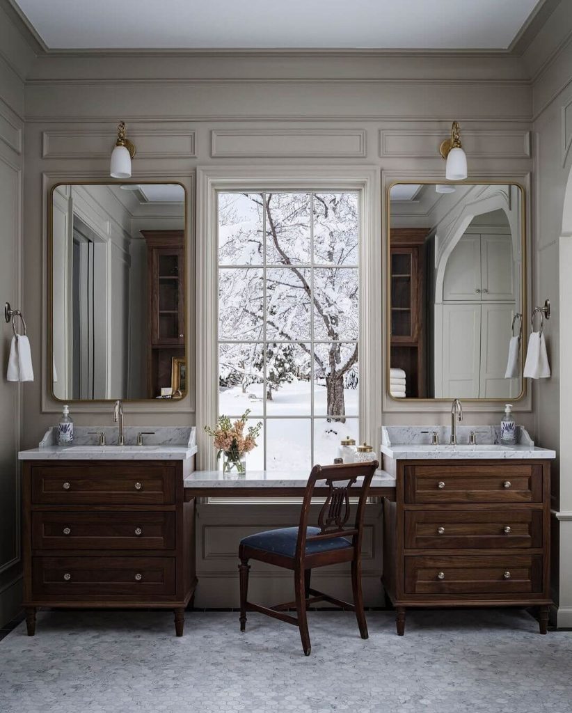 Classic Master Bathroom with Double Vanity and Winter View