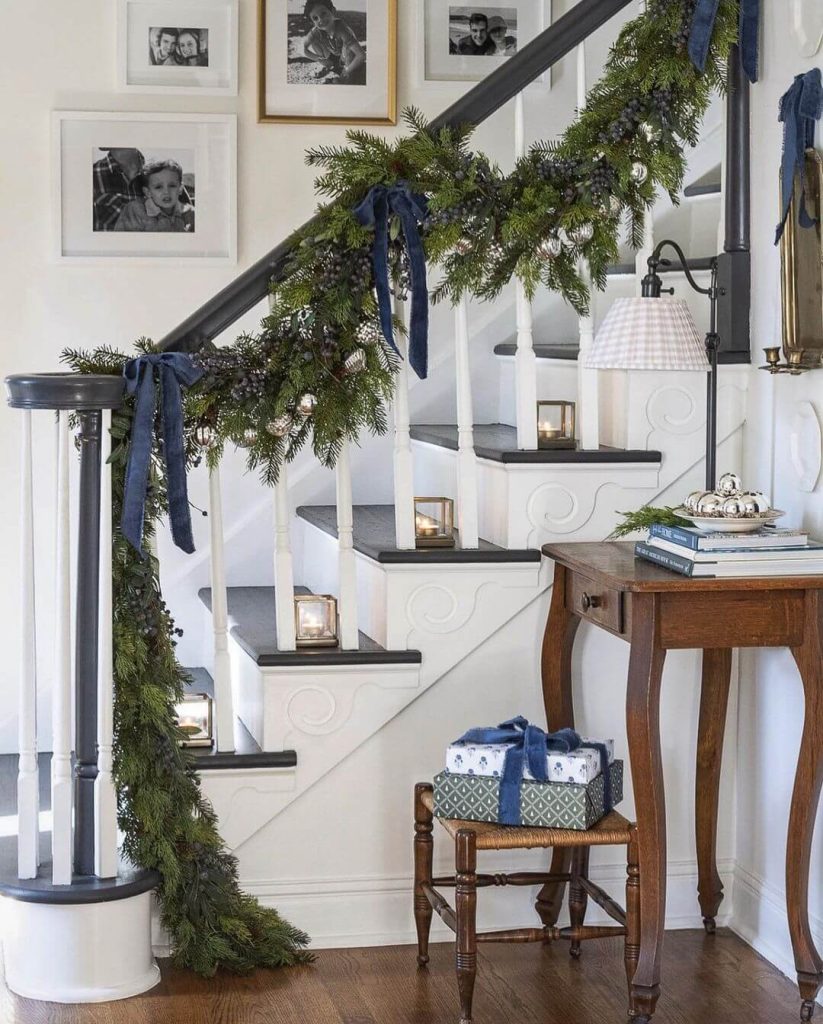 Classic Staircase Garland with Navy Accents