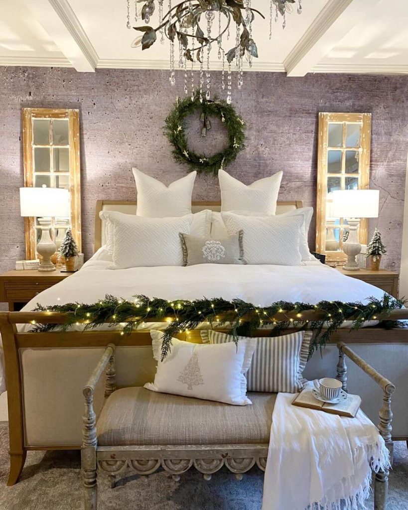 Classic White Christmas Bedroom with Garland