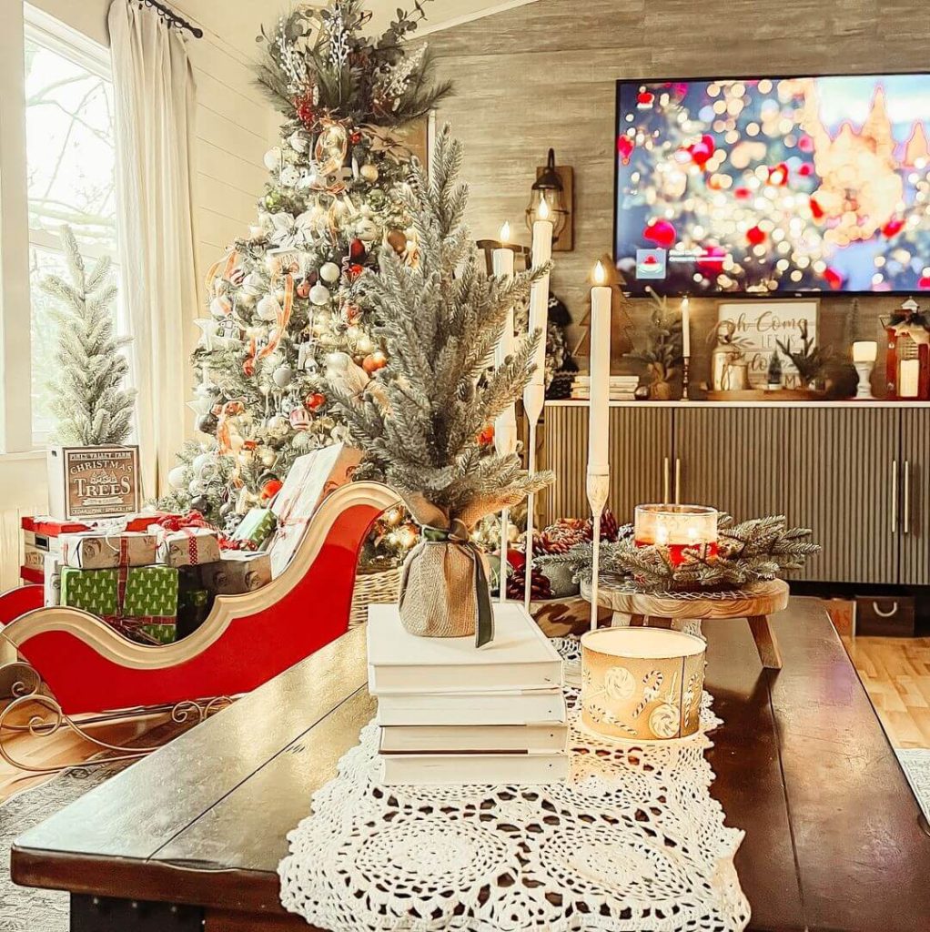 Cozy Rustic Christmas Living Room with Sleigh and Tree