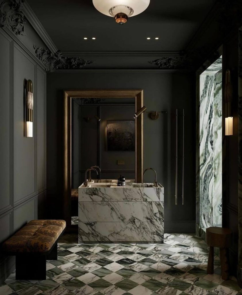 Dark and Dramatic Master Bathroom with Marble Accents