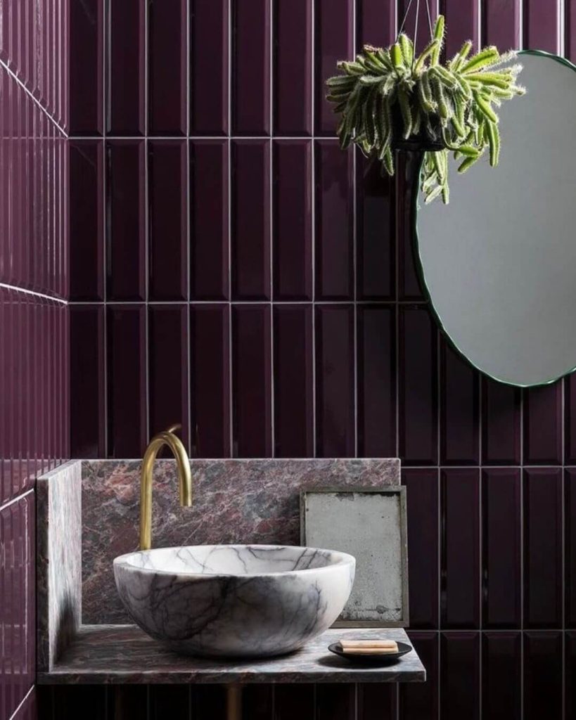 Deep Purple Tiles with Marble Basin Accent