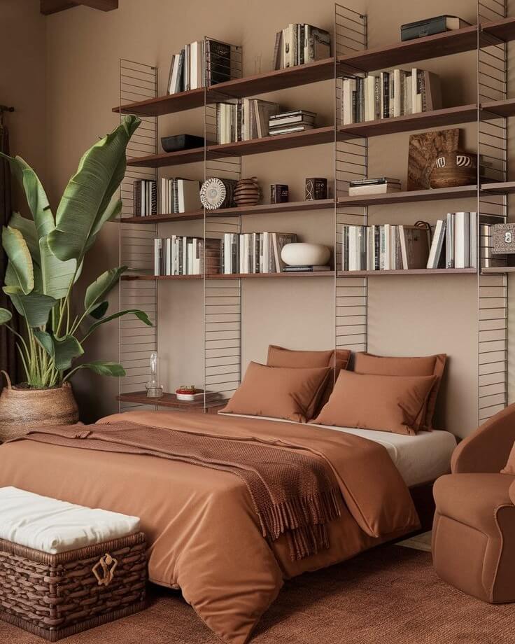 Earthy Boho Bedroom with Built-in Bookshelves