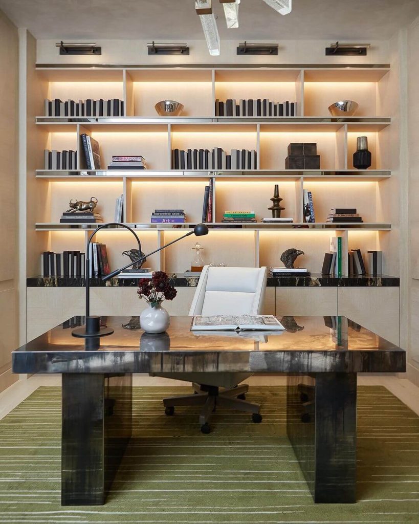 Elegant Home Office with Illuminated Built-ins