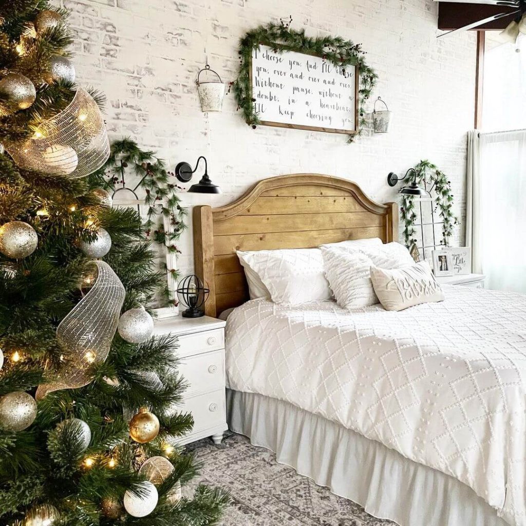 Farmhouse Christmas Bedroom with Tree Decor