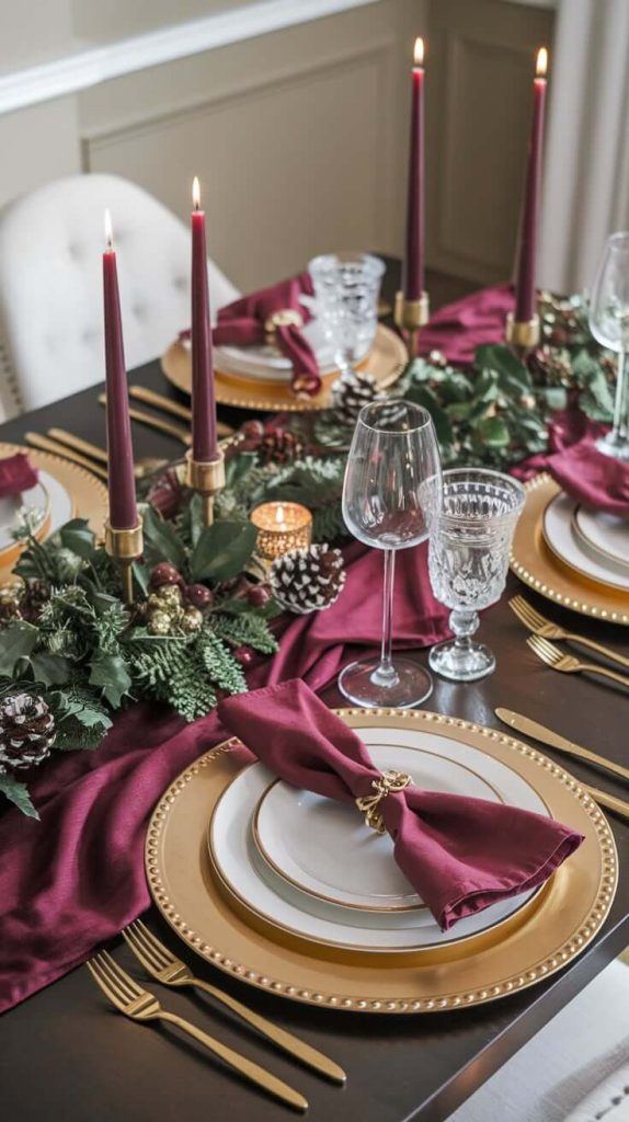 Festive Burgundy Christmas Table Setting