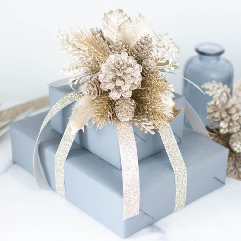 Glittering Silver and Pinecone Holiday Wrap