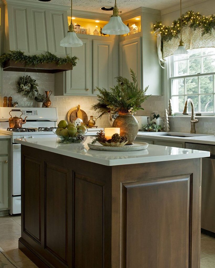 Greenery and Candlelit Kitchen Island