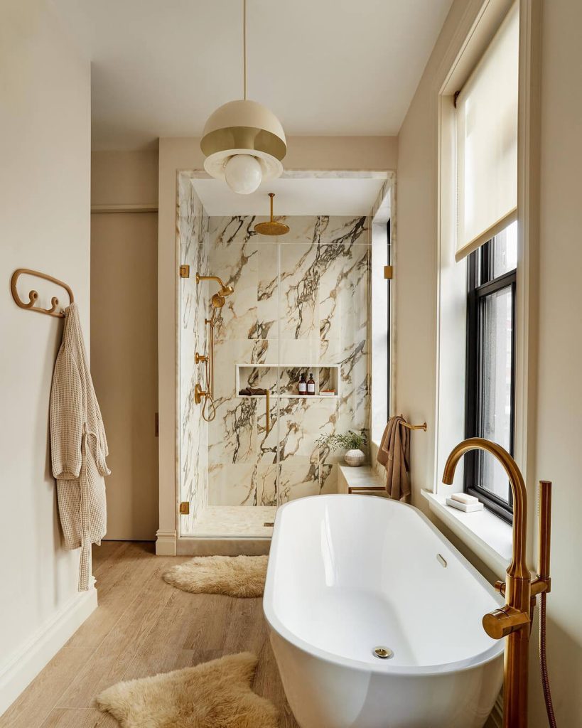 Luxe Master Bathroom with Marble Shower and Freestanding Tub