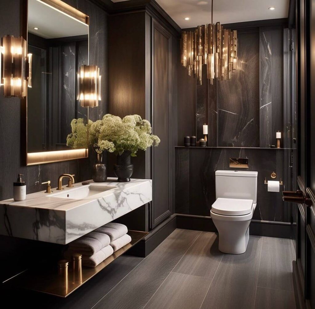 Luxurious Dark Marble Powder Room