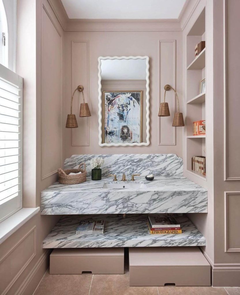 Luxurious Pink Vanity Nook with Marble Countertop