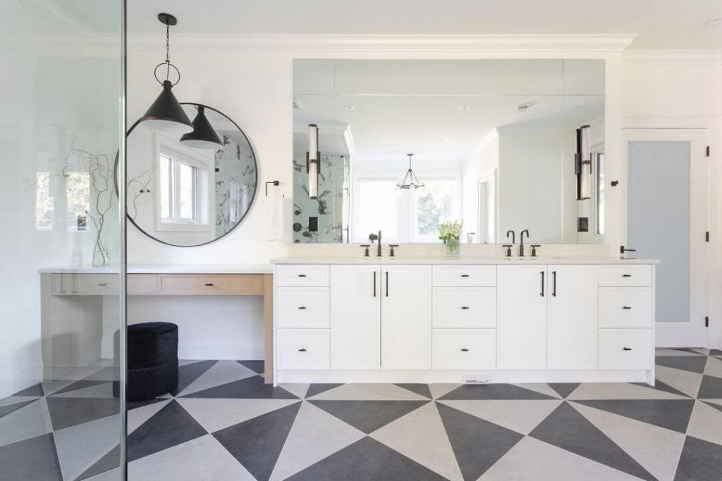 Minimalist White Vanity with Geometric Flooring