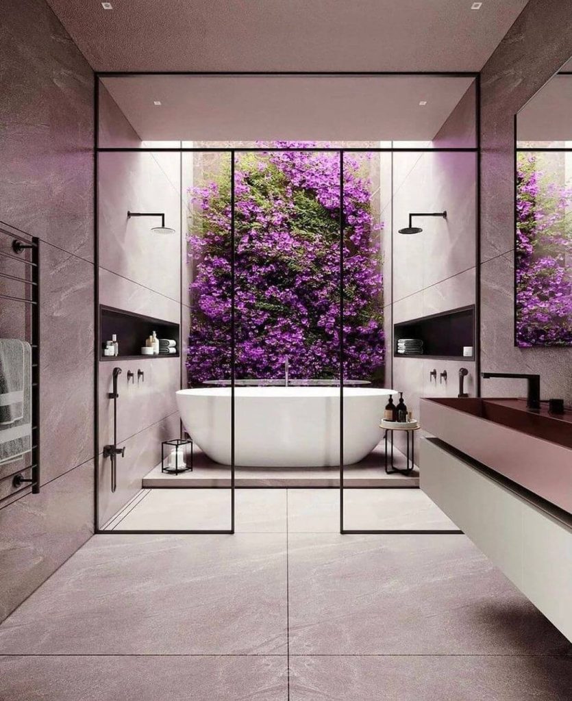 Modern Bathroom with Purple Floral Wall Backdrop