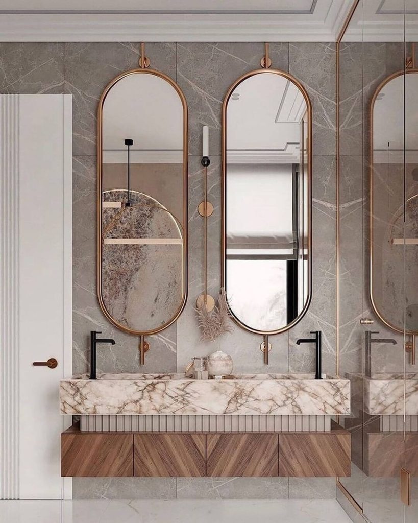 Modern Master Bathroom with Marble and Brass Accents