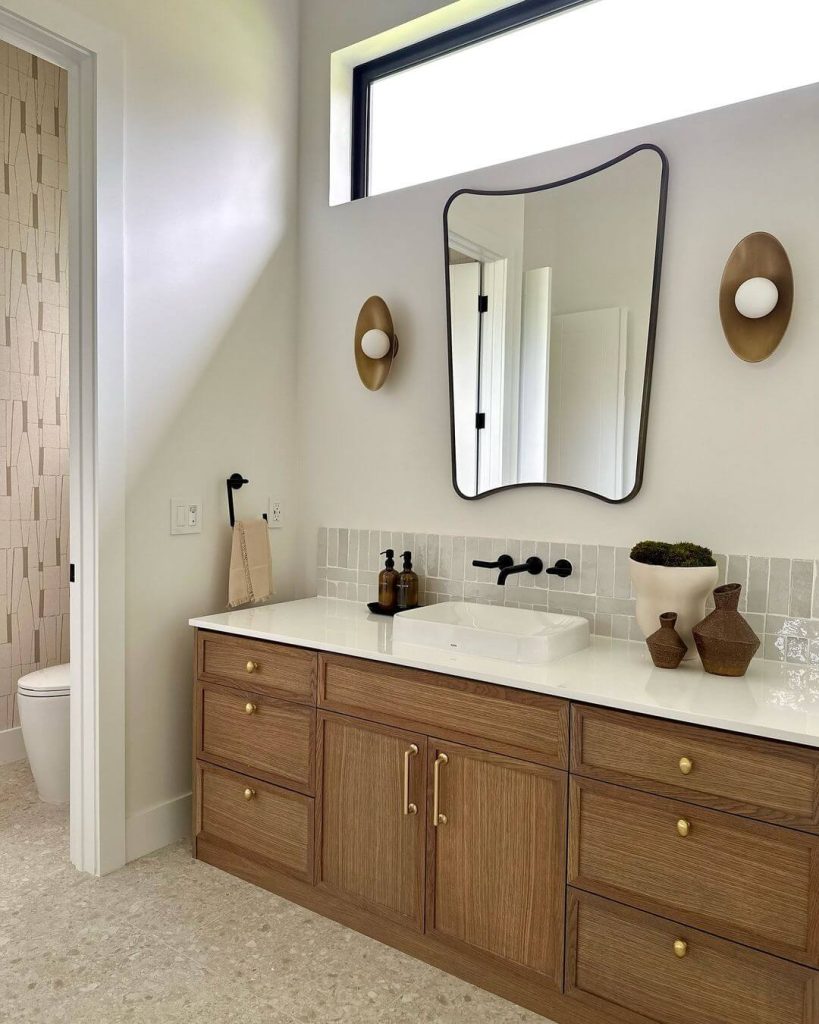 Modern Rustic Master Bathroom with Wood Vanity and Natural Accents