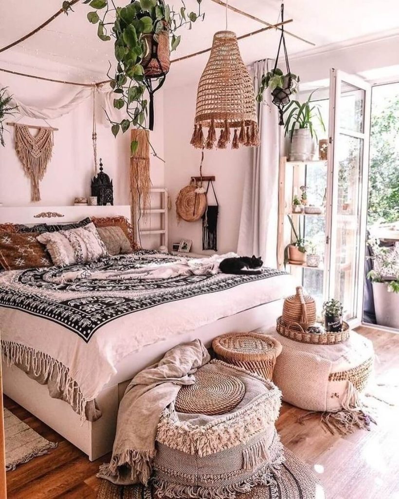 Natural Boho Bedroom with Hanging Greenery