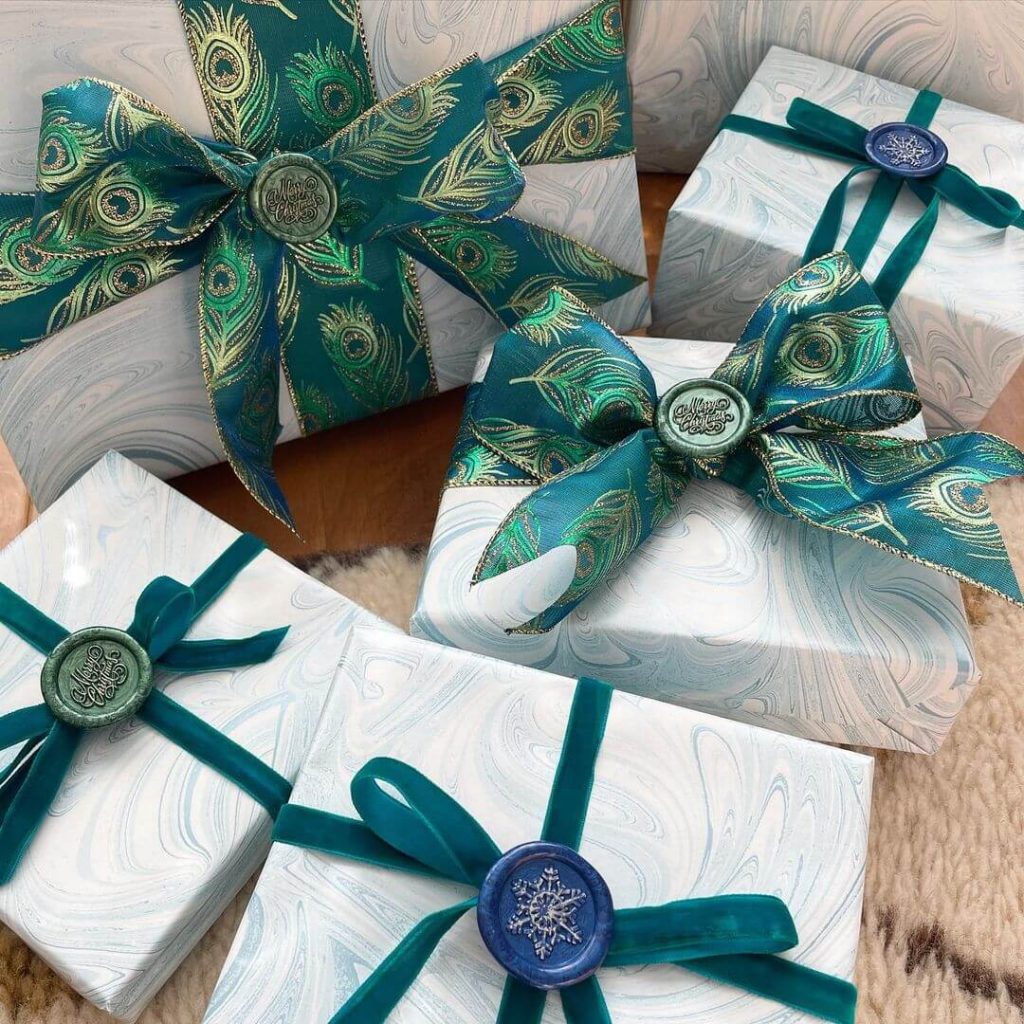 Peacock-Inspired Gift Wrap with Teal Accents