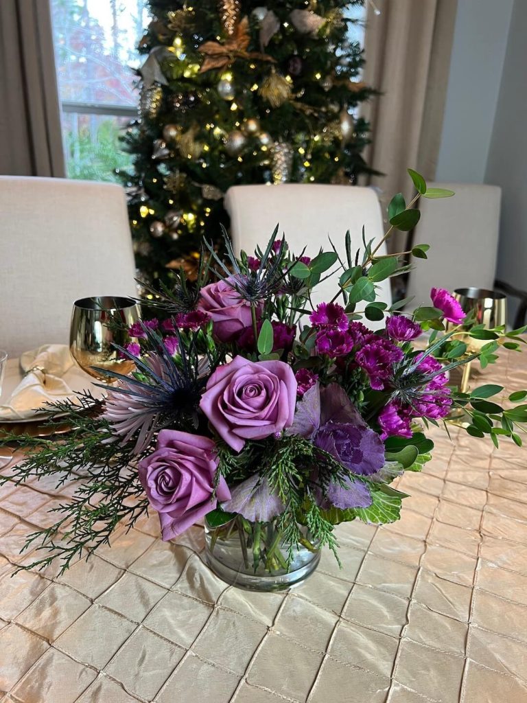 Purple and Green Christmas Floral Centerpiece