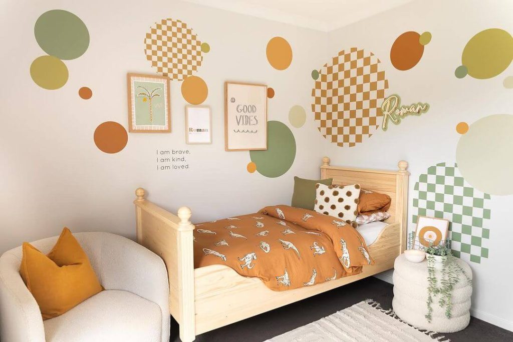 Retro-Inspired Kid's Bedroom with Geometric Wall Art