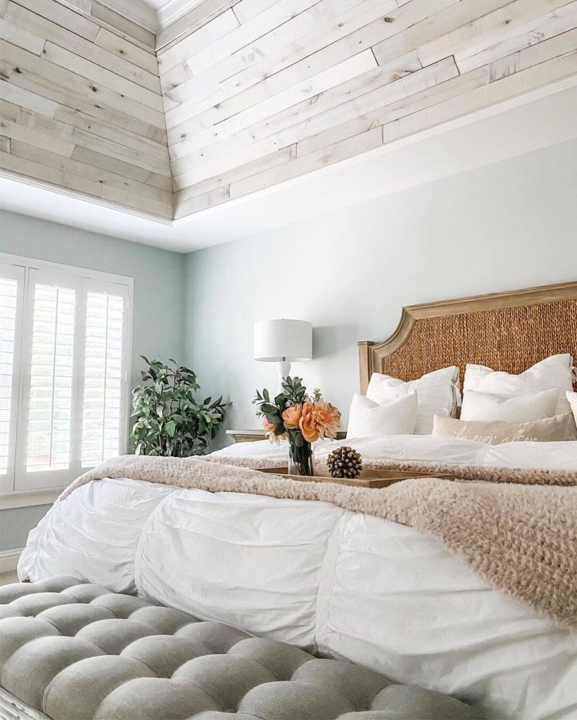 Rustic Bedroom with Whitewashed Wooden Ceiling