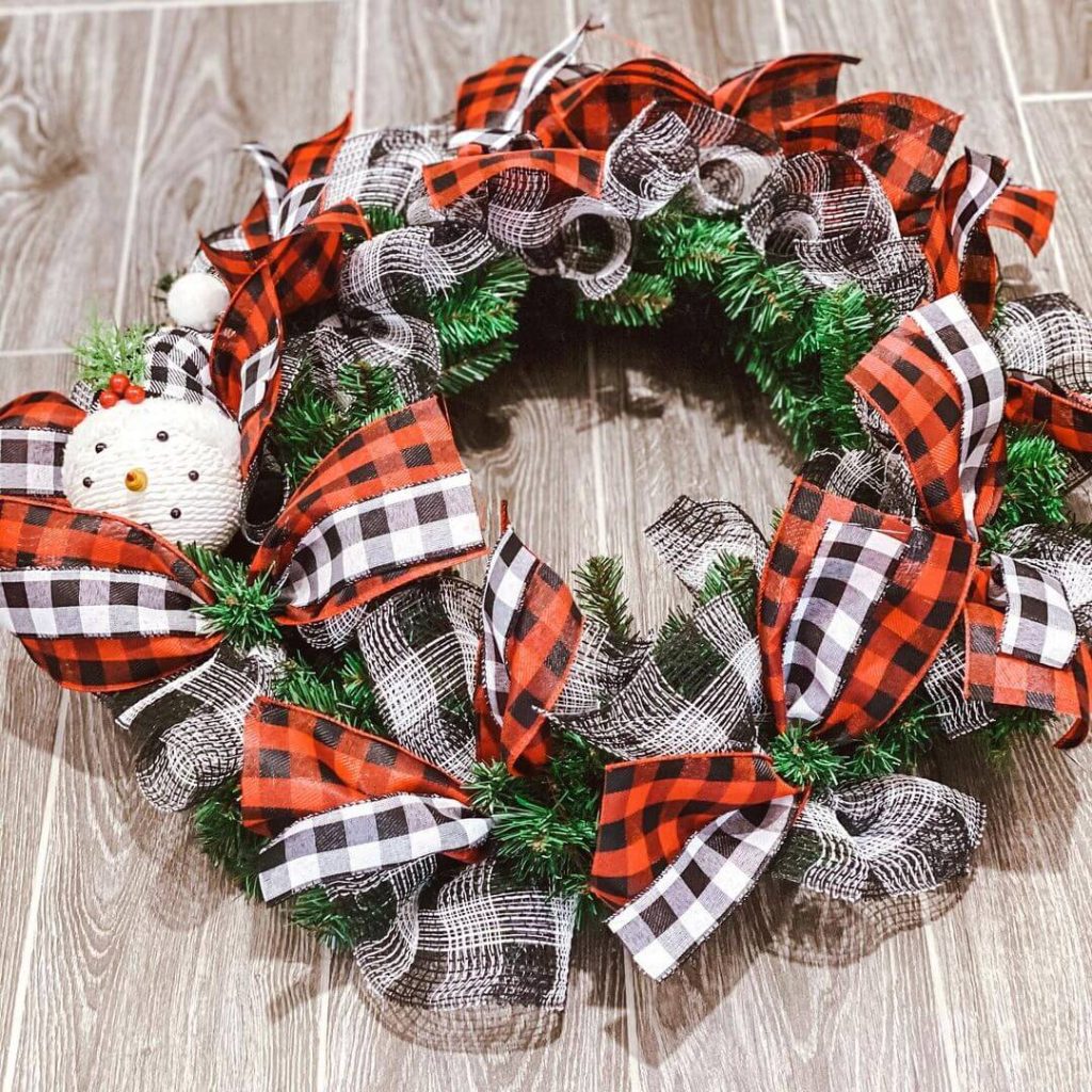 Rustic Buffalo Check Christmas Wreath with Snowman Accent