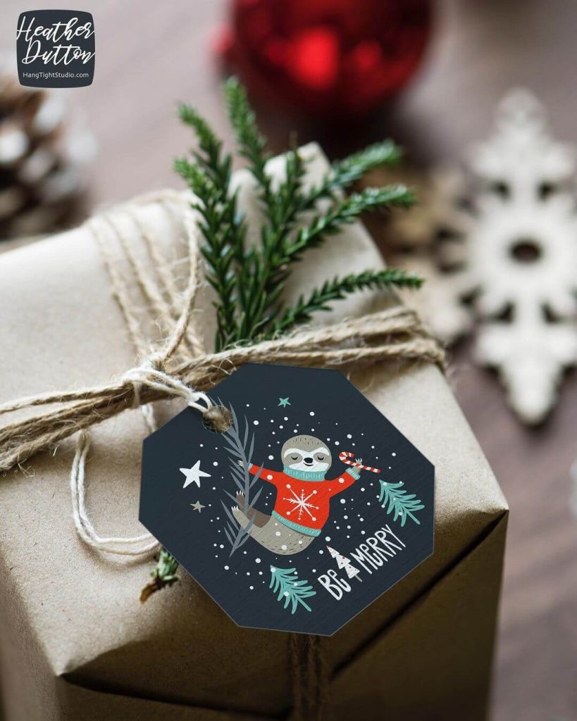 Rustic Christmas Gift Wrap with Sloth Tag