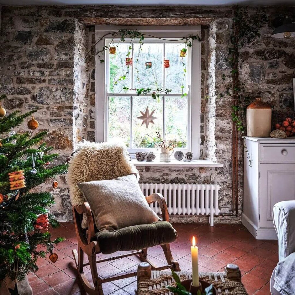 Rustic Cottage Christmas Corner with Stone Walls