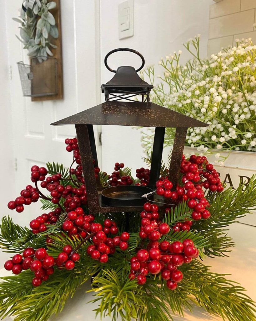 Rustic Lantern and Red Berry Centerpiece