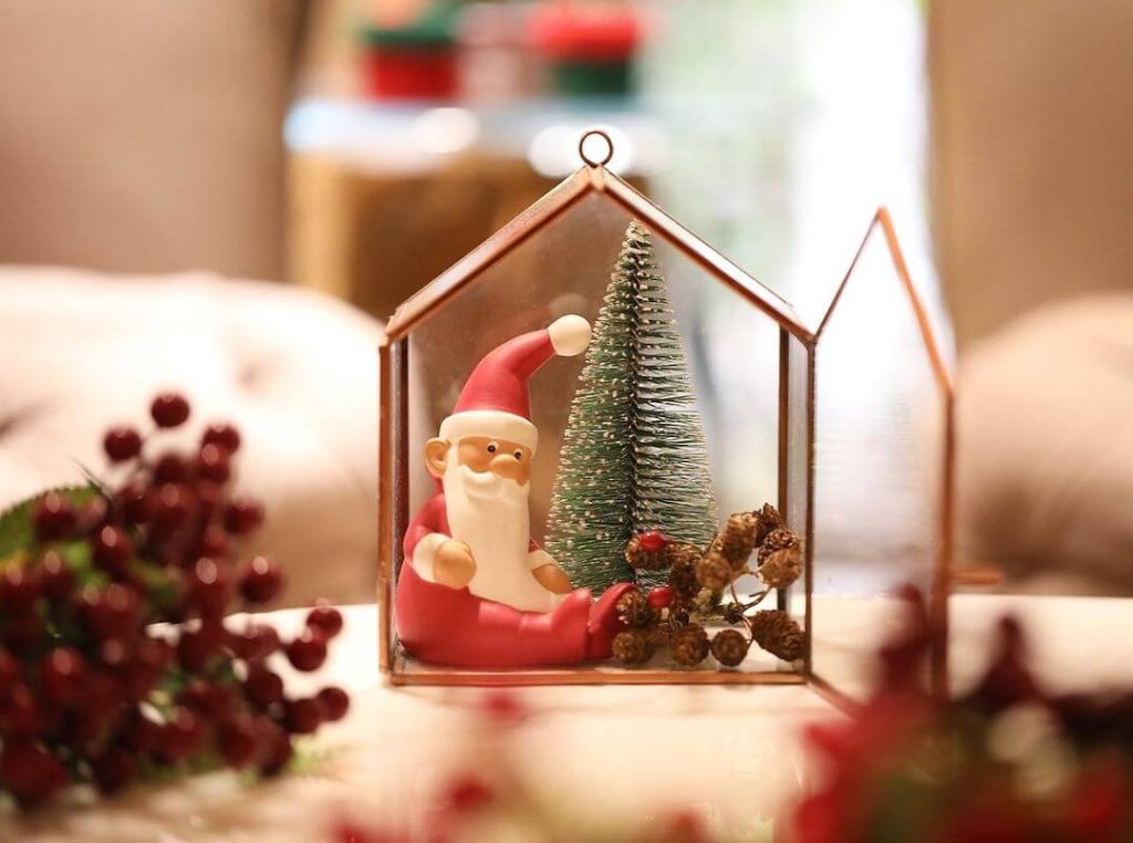 Santa Claus Miniature in Glass House Centerpiece