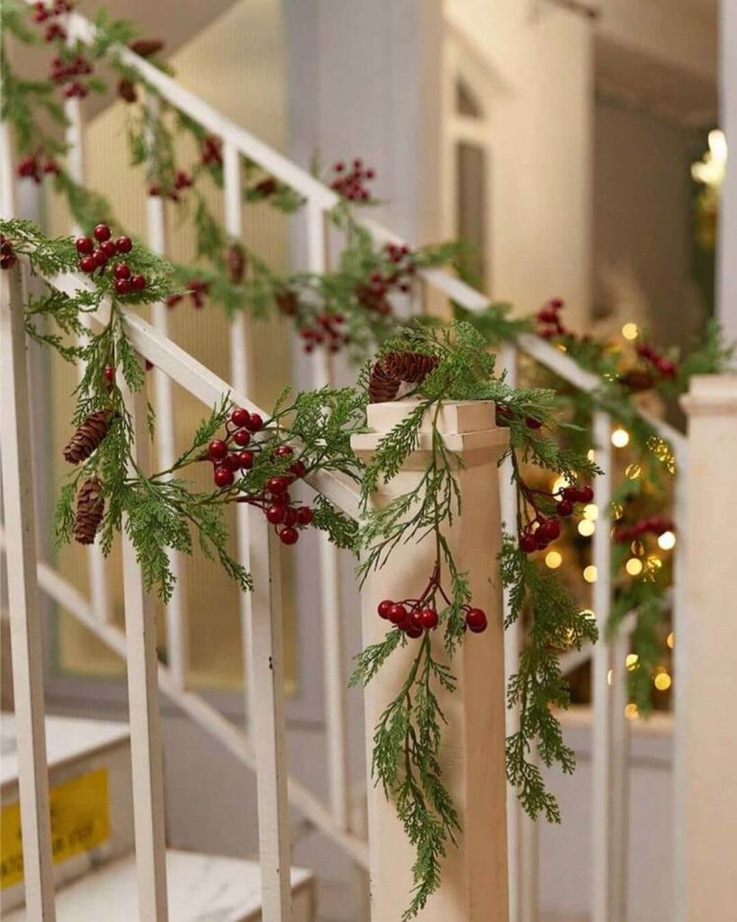 Simple Staircase Garland with Pinecones and Berries