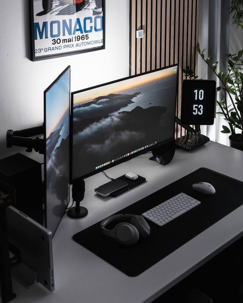 Sleek Black Desk with Dual Monitors