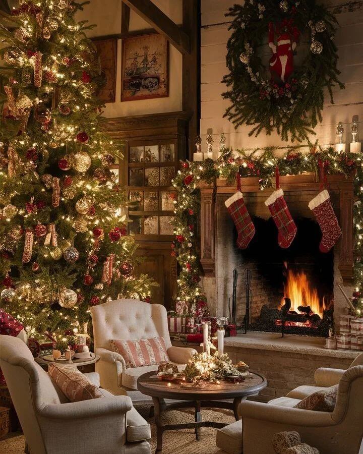 Traditional Christmas Elegance by the Fireplace