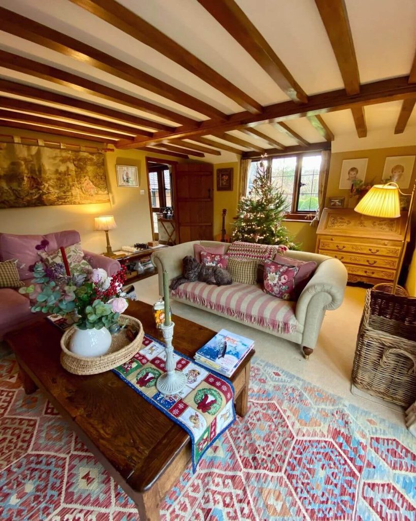 Traditional English Cottage Living Room with Christmas Accents