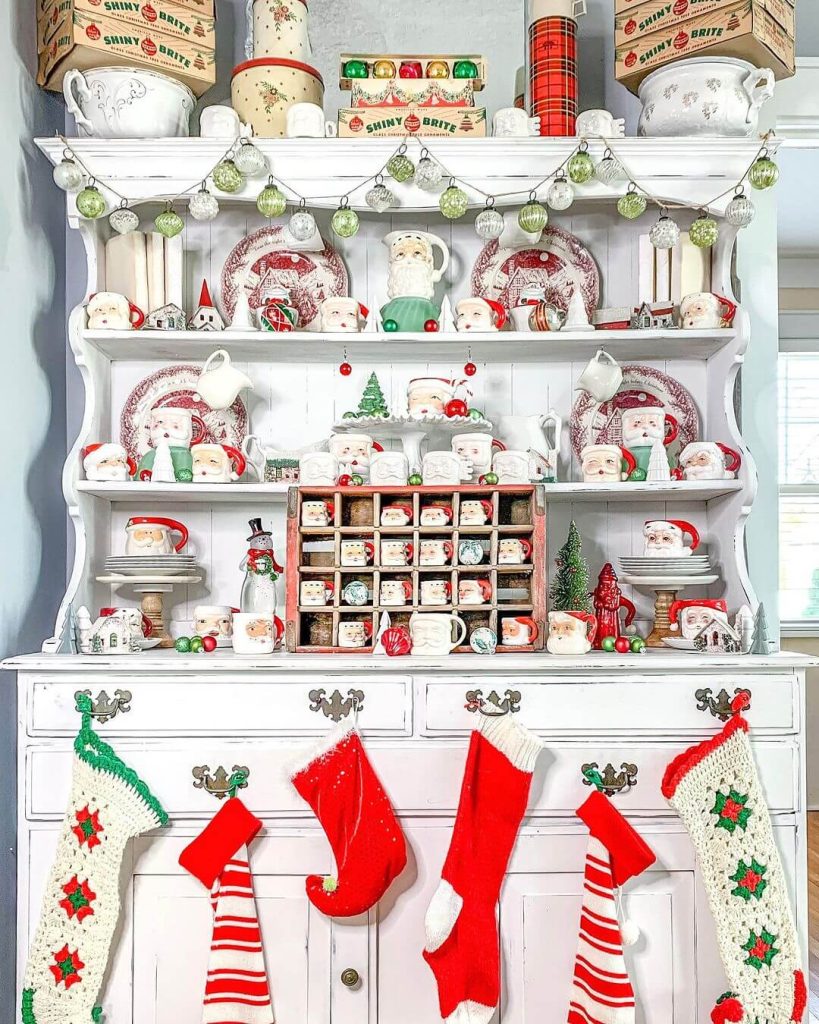 Vintage Christmas Stocking Display with Santa Mugs